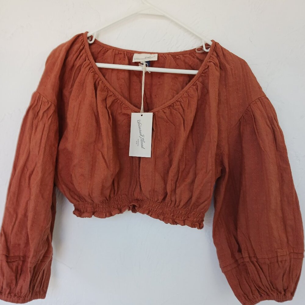 Women's Cropped V-Neck 3/4 Balloon Sleeve Blouse SZ S
